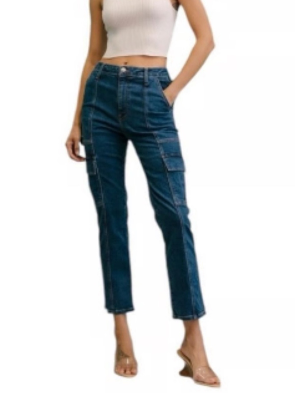 SIMKHAI River Cargo Medium Wash High-Rise Cropped Denim Blue Jeans 29 Stretchy